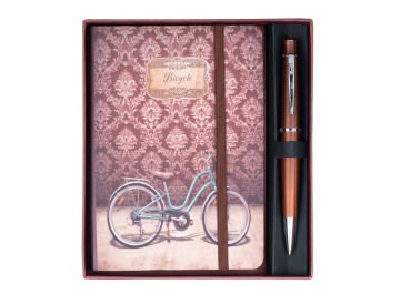 Scrikss Hediyelik Set Tükenmezkalem 62 Chic Kahverengi & Retro Bicycle A6 Defter Çizgili