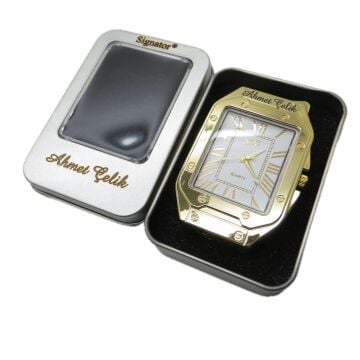 Signator Flame İsme Özel Çakmak Saatli Gold | Hediyelik Metal Kutusunda