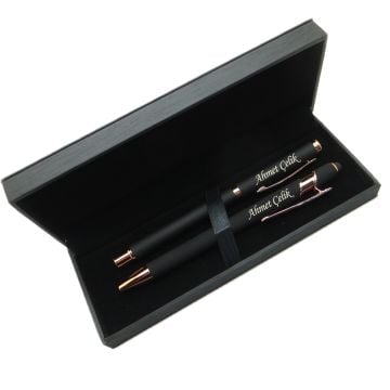 Signator® M523 Mat Siyah Rose Kalem Seti - Roller Kalem + Tükenmez Kalem | İsme Özel Kalem | Hediyelik Kalem