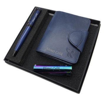 Signator D257 Kişiye Özel Set - Deri Cüzdan Kartlık + Clipper Çakmak  + Roller Kalem Seti | İsme Özel Hediyelik Set