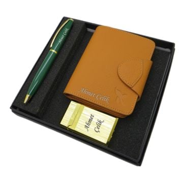 Signator D261 Kişiye Özel Set - Deri Cüzdan Kartlık + Çakmak  + Kalem Seti | İsme Özel Hediyelik Set