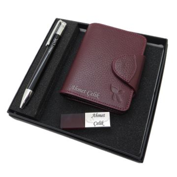 Signator D264 İsme Özel Set - Deri Cüzdan Kartlık + 32Gb Kristal Usb Bellek  + Kalem Seti | İsme Özel Hediyelik Set