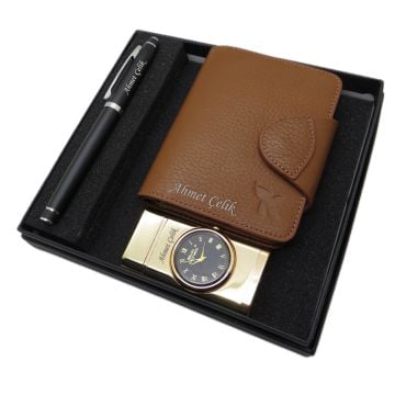 Signator D265 İsme Özel Set - Deri Cüzdan Kartlık + Saatli Çakmak  + Kalem Seti | İsme Özel Hediyelik Set