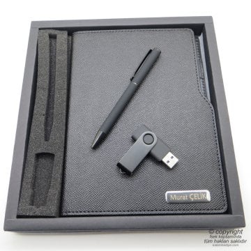 Wings W98 Mat Siyah 15x21 Defter + Kalem + 16Gb. Usb Bellek Seti | Hepsi İsme Özel - Hediyelik Set
