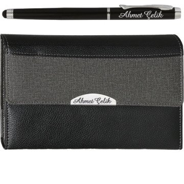 İsme Özel Füme Deri Çantalı 2023 Ajanda + Kalemli Set | 24x14,5 | Kişiye Özel Set | MS-408