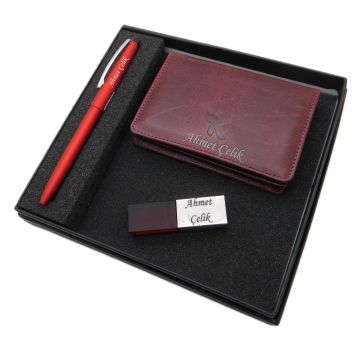 Signator D285 İsme Özel Set - Deri Kartlık + 32Gb. Kristal Usb Bellek  + Kalem Seti | İsme Özel Hediyelik Set