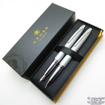 Cross ATX 889-1 Mat Krom Dolma + Roller Kalem Set | Cross Kalem | İsme Özel Kalem | Hediyelik Kalem Seti |