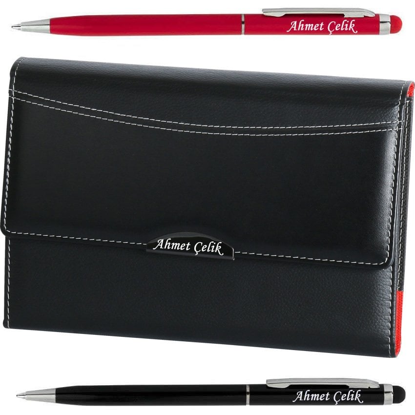 İsme Özel Deri Çantalı Tarihsiz Ajanda + Hesap Makineli ve Kalemli Set | 19x26.5 | Kişiye Özel Ajanda | MS-400