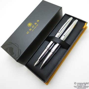 Cross ATX 889-2 Parlak Krom Dolma Kalem + Roller Kalem Set | İsme Özel Kalem