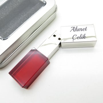 Wings Kişiye Özel Led Işıklı Kırmızı Kristal Usb Bellek 16GB Cam-Metal Gümüş Gri | İsme Özel Usb Bellek | Hediyelik Usb Flash Bellek