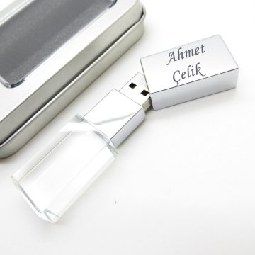 Wings Kişiye Özel Led Işıklı Kristal Usb Bellek 16GB Cam-Metal Gümüş Gri | İsme Özel Usb Bellek | Hediyelik Usb Flash Bellek