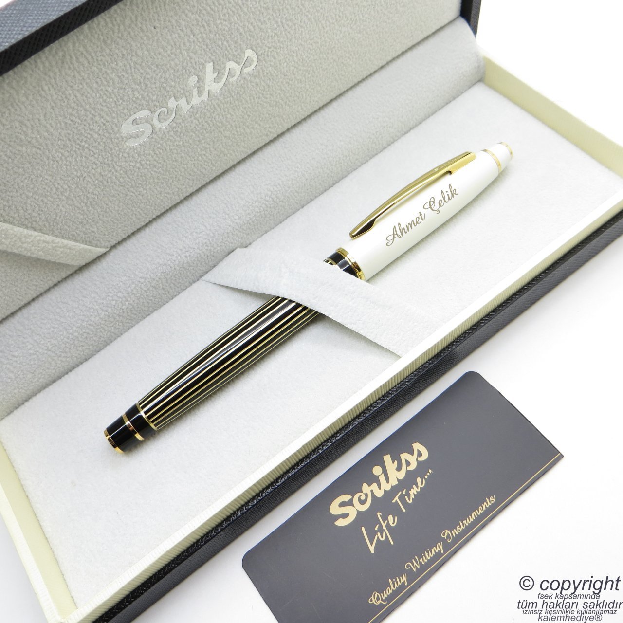 Scrikss Special İsme Özel İnci Siyah Altın Çizgili Roller Kalem