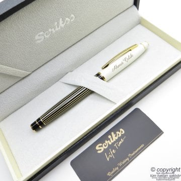 Scrikss Special İsme Özel İnci Siyah Altın Çizgili Roller Kalem