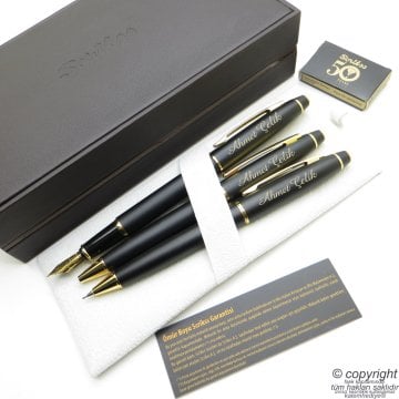 Scrikss 35 3'lü Set Mat Siyah Altın Deri Ahşap Kutulu | Dolma Kalem + Versatil Kalem + Tükenmez Kalem Set | Scrikss Noble | İsme Özel Kalem | Hediyelik Kalem
