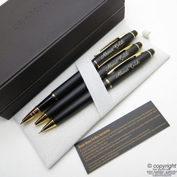 Scrikss 35 3'lü Set Mat Siyah Altın Deri Ahşap Kutulu | Roller Kalem + Versatil Kalem + Tükenmez Kalem Set | Scrikss Noble | İsme Özel Kalem | Hediyelik Kalem