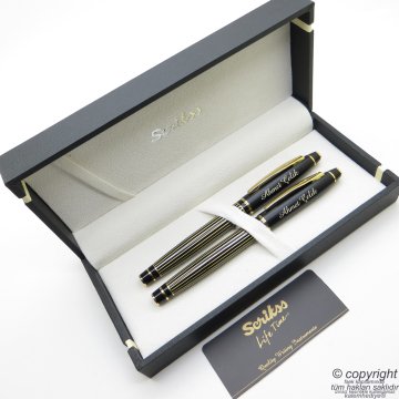 Scrikss Special İsme Özel Mat Siyah Altın Çizgili Dolma Kalem + Roller Kalem Set