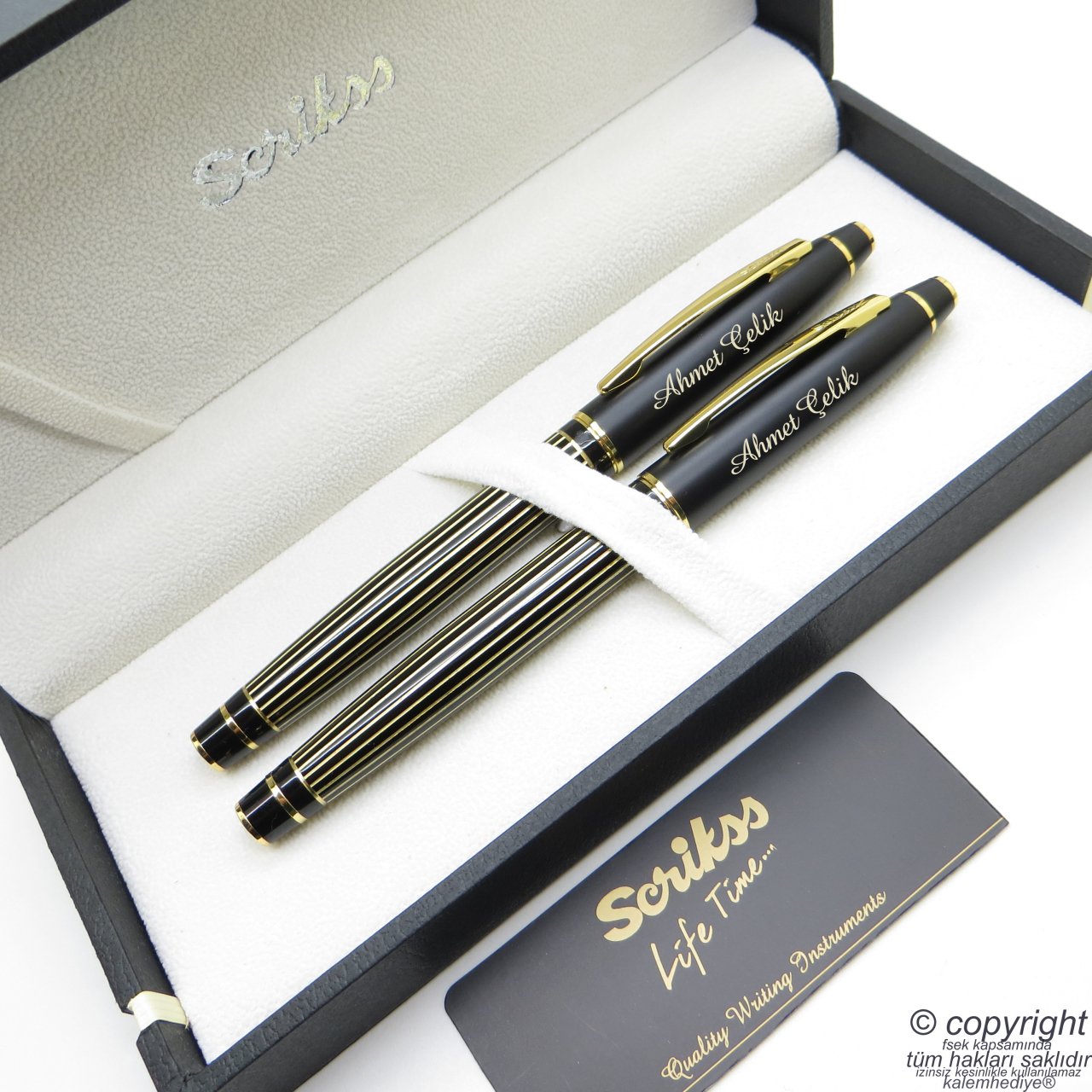 Scrikss Special İsme Özel Mat Siyah Altın Çizgili Dolma Kalem + Roller Kalem Set