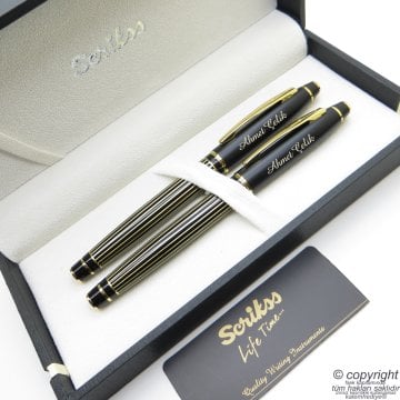 Scrikss Special İsme Özel Mat Siyah Altın Çizgili Dolma Kalem + Roller Kalem Set