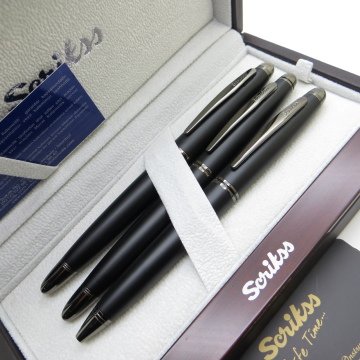 Scrikss 88 3'lü Set Mat Siyah Deri Ahşap Kutulu | Dolma Kalem + Roller Kalem + Tükenmez Kalem Set | Scrikss Noble | İsme Özel Kalem | Hediyelik Kalem