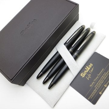 Scrikss 88 3'lü Set Mat Siyah Deri Ahşap Kutulu | Dolma Kalem + Roller Kalem + Tükenmez Kalem Set | Scrikss Noble | İsme Özel Kalem | Hediyelik Kalem
