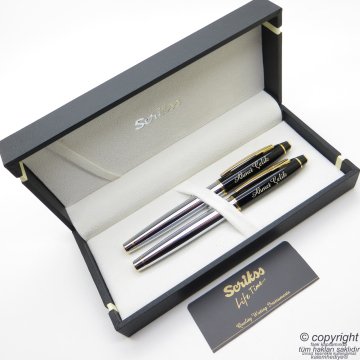 Scrikss Special İsme Özel Parlak Siyah Altın Gold Krom Dolma Kalem + Roller Kalem Set