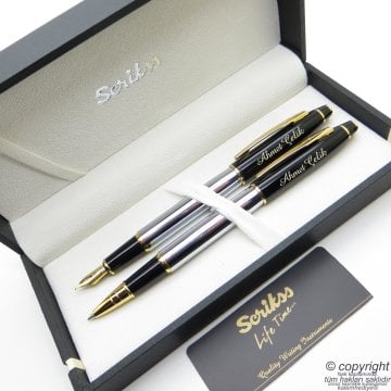 Scrikss Special İsme Özel Parlak Siyah Altın Gold Krom Dolma Kalem + Roller Kalem Set