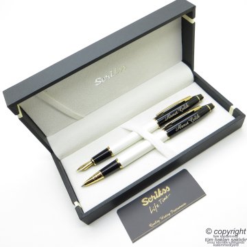Scrikss Special İsme Özel Parlak Siyah İnci Altın Dolma Kalem + Roller Kalem Set