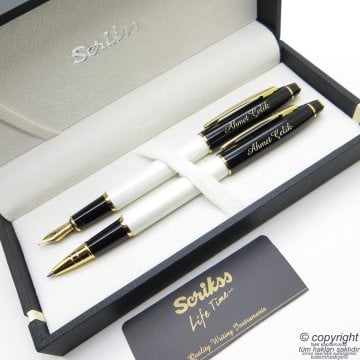 Scrikss Special İsme Özel Parlak Siyah İnci Altın Dolma Kalem + Roller Kalem Set