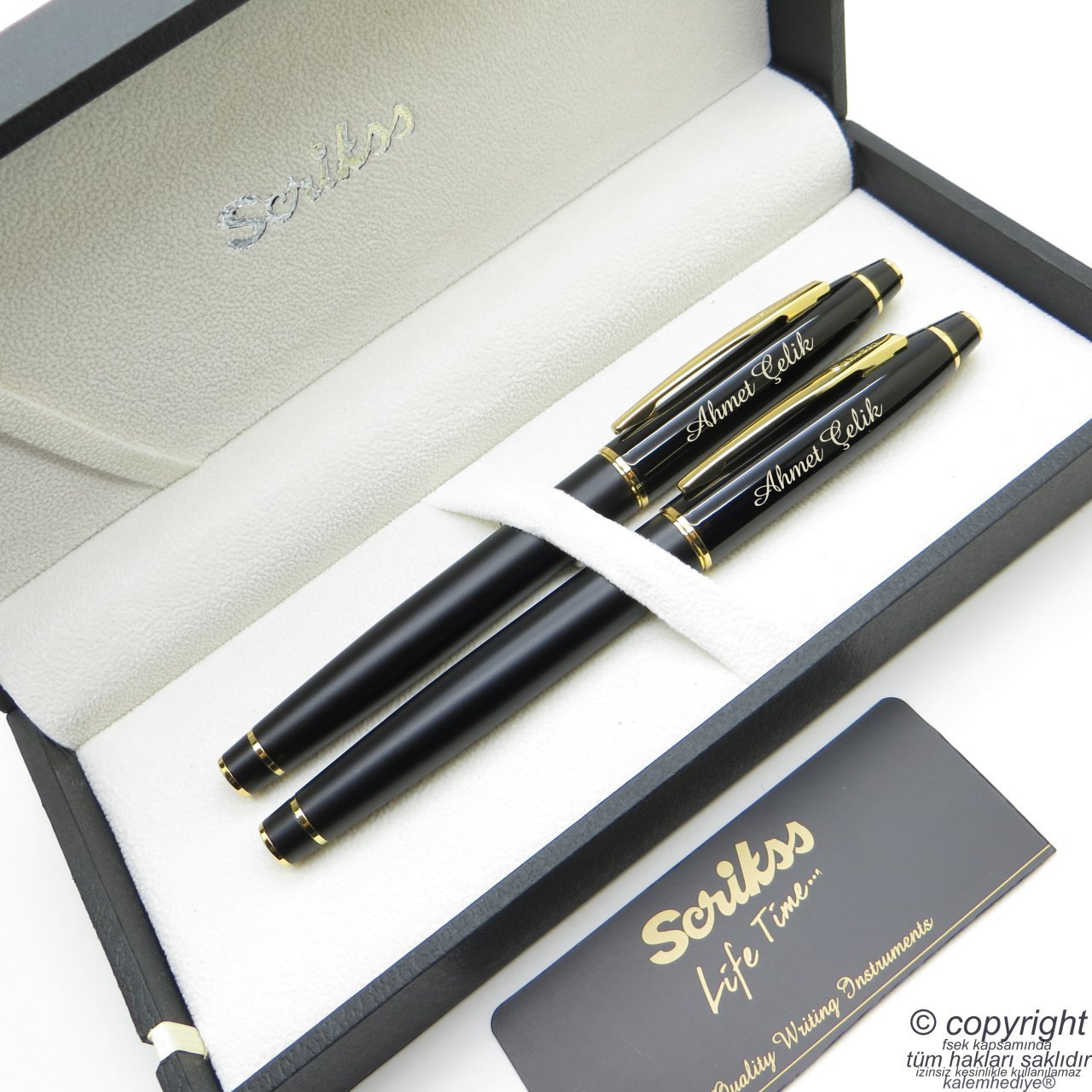 Scrikss Special İsme Özel Parlak Siyah Altın Bitter Dolma Kalem + Roller Kalem Set