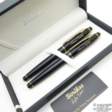 Scrikss Special İsme Özel Parlak Siyah Altın Bitter Dolma Kalem + Roller Kalem Set