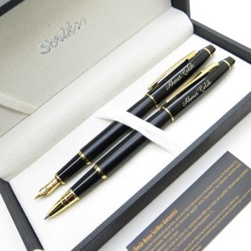 Scrikss Special İsme Özel Parlak Siyah Altın Bitter Dolma Kalem + Roller Kalem Set