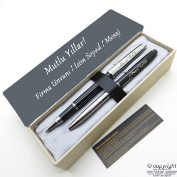 Scrikss İsme Özel Kalem Seti - Siyah Krom Roller Kalem + Tükenmez Set