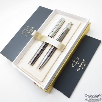 Parker IM Premium Desenli Kurşuni Metal Roller Kalem + Tükenmez Kalem | İsme Özel Kalem | Hediyelik Kalem