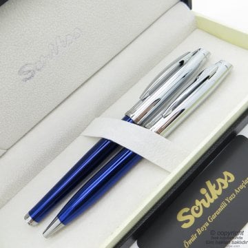 Scrikss 39 Lacivert Krom Roller Kalem + Tükenmez Kalem Seti | Scrikss Oscar | İsme Özel Kalem | Hediye Kalem