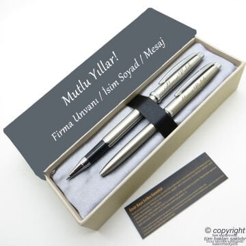Scrikss İsme Özel Kalem Seti - Brushed Krom Roller Kalem + Tükenmez Set