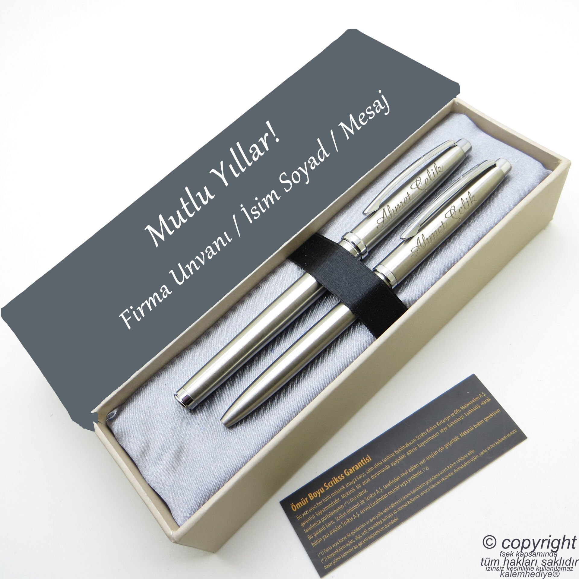 Scrikss İsme Özel Kalem Seti - Brushed Krom Roller Kalem + Tükenmez Set