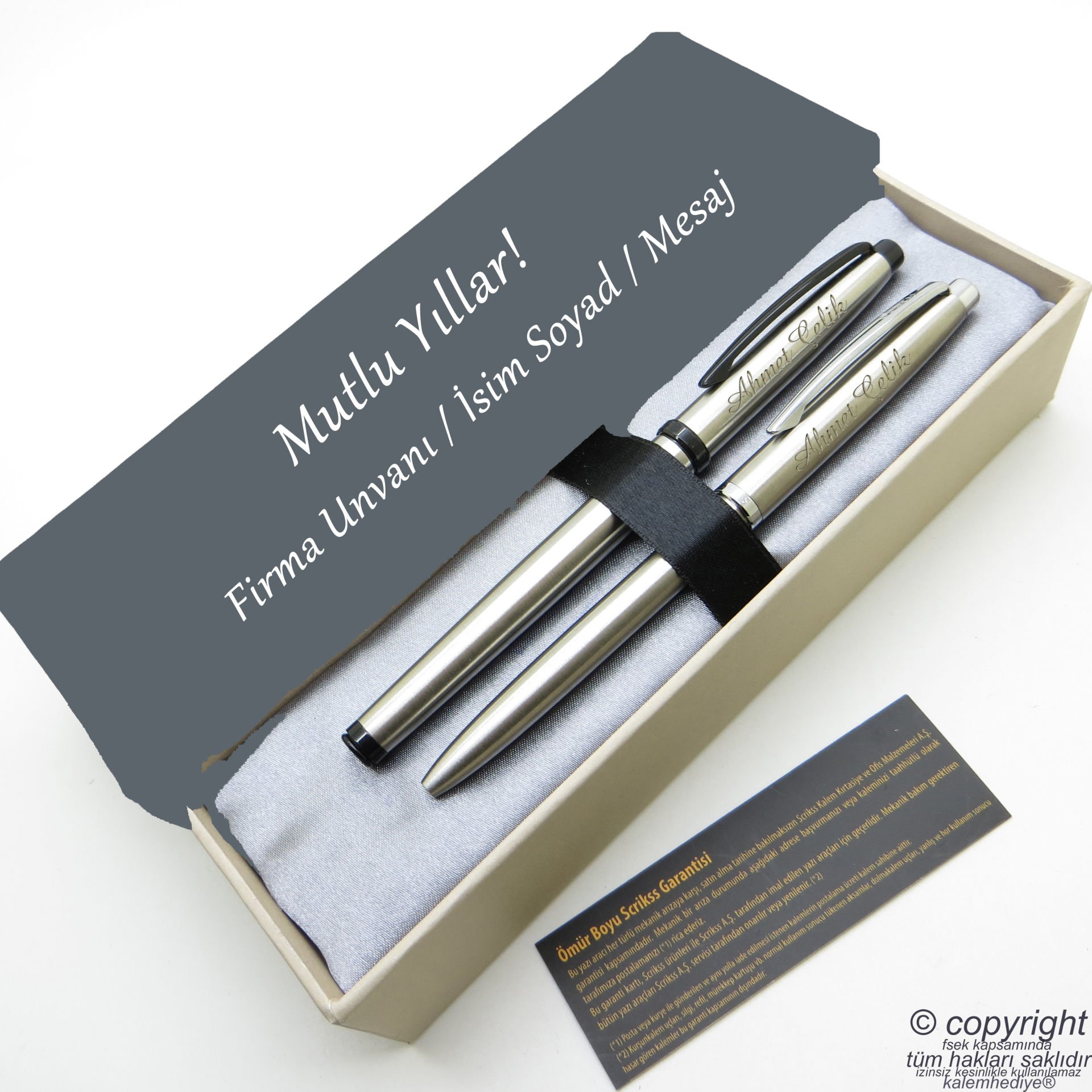 Scrikss İsme Özel Kalem Seti - Brushed Siyah Krom Roller Kalem + Tükenmez Set