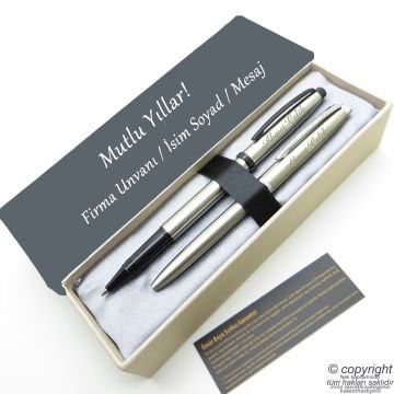 Scrikss İsme Özel Kalem Seti - Brushed Siyah Krom Roller Kalem + Tükenmez Set