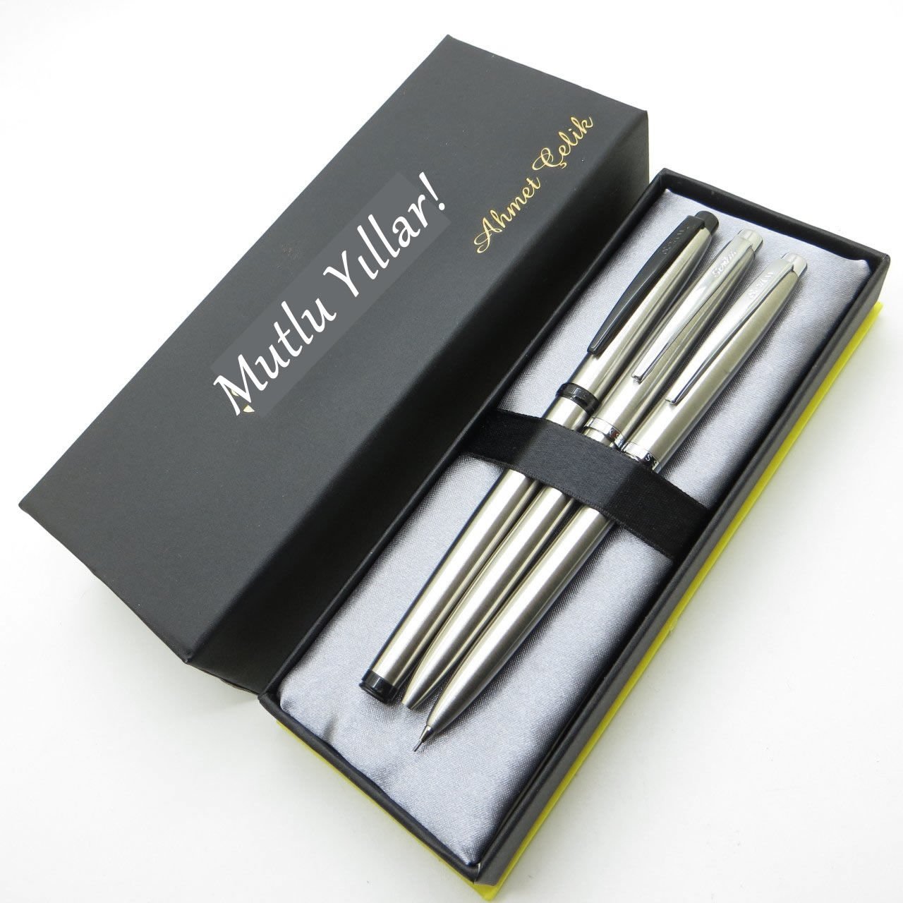 Scrikss RTV176 Brushed Roller + Tükenmez Kalem + Versatil Kalem Set | Scrikss Kalem | İsme Özel Kalem Seti | Hediyelik Kalem