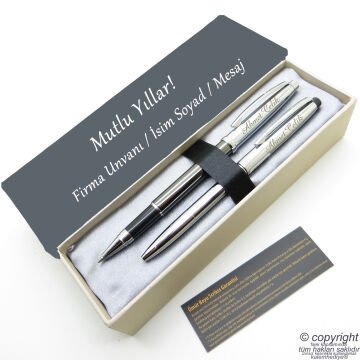 Scrikss İsme Özel Kalem Seti - Titanyum Krom Roller Kalem + Tükenmez Set