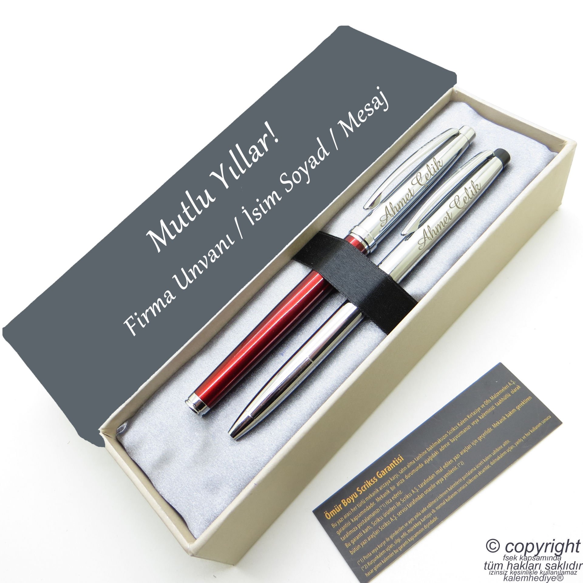 Scrikss İsme Özel Kalem Seti - Kırmızı Krom Roller Kalem + Tükenmez Set