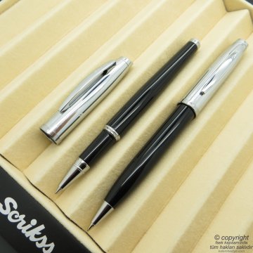 Scrikss 39 Siyah Krom Roller Kalem + Tükenmez Kalem Set | Scrikss Oscar | İsme Özel Kalem | Hediye Kalem