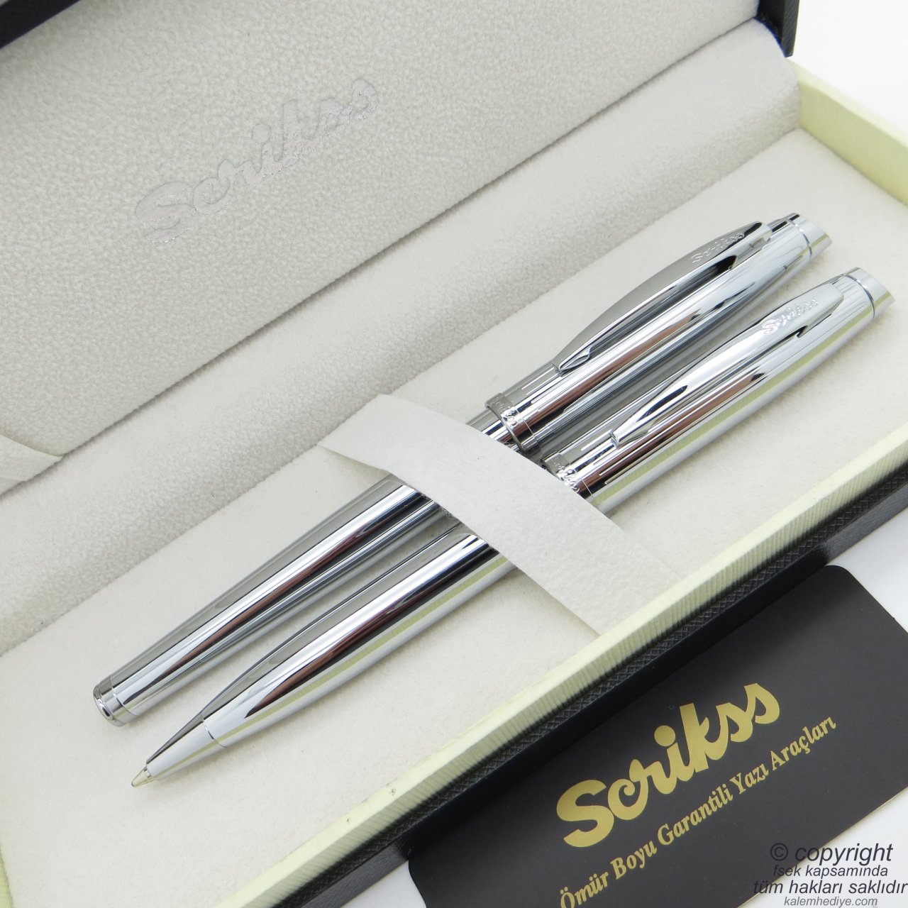 Scrikss 39 Parlak Krom Roller Kalem + Tükenmez Kalem Seti | Scrikss Oscar | İsme Özel Kalem | Hediye Kalem