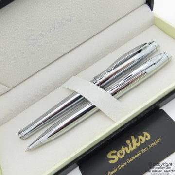 Scrikss 39 Parlak Krom Roller Kalem + Tükenmez Kalem Seti | Scrikss Oscar | İsme Özel Kalem | Hediye Kalem