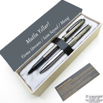 Scrikss İsme Özel Kalem Seti - Titanyum Krom Roller Kalem + Tükenmez Set