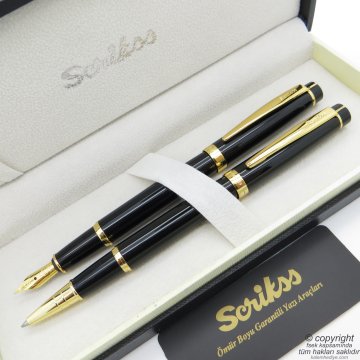 Scrikss 38 Siyah Altın Dolma Kalem + Roller Kalem Seti | Scrikss Oscar | İsme Özel Kalem | Hediye Kalem