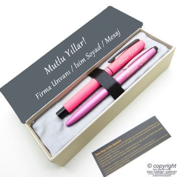 Scrikss İsme Özel Kalem Seti - Pembe Krom Roller Kalem + Tükenmez Set
