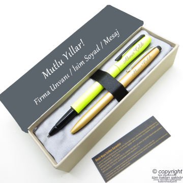 Scrikss İsme Özel Kalem Seti - Neon - Turuncu Krom Roller Kalem + Tükenmez Set