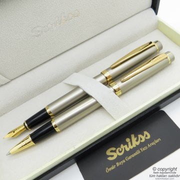 Scrikss 38 Saten Altın Dolma Kalem + Roller Kalem Seti | Scrikss Oscar | İsme Özel Kalem | Hediye Kalem