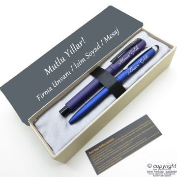 Scrikss İsme Özel Kalem Seti - Mavi Lacivert Krom Roller Kalem + Touch Tükenmez Set